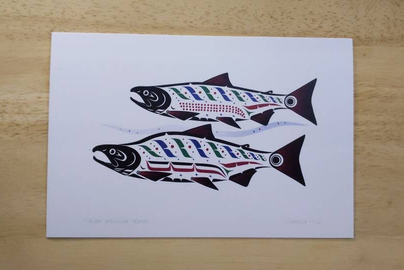 Haida Spawning Sockeye Salmon by Clarence Mills Haida Artist 6"x9" art card
