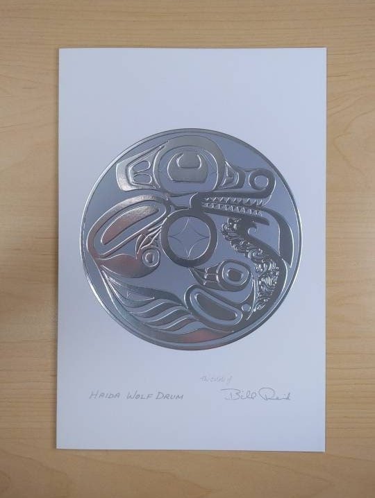 Haida Wolf Drum by Bill Reid Haida Artist 6"x9" Silver Embossed Art Card