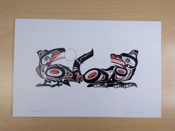 Crow and Wolf by Richard Shorty Northern Tutchone Yukon Artist 6"x9" Art Card