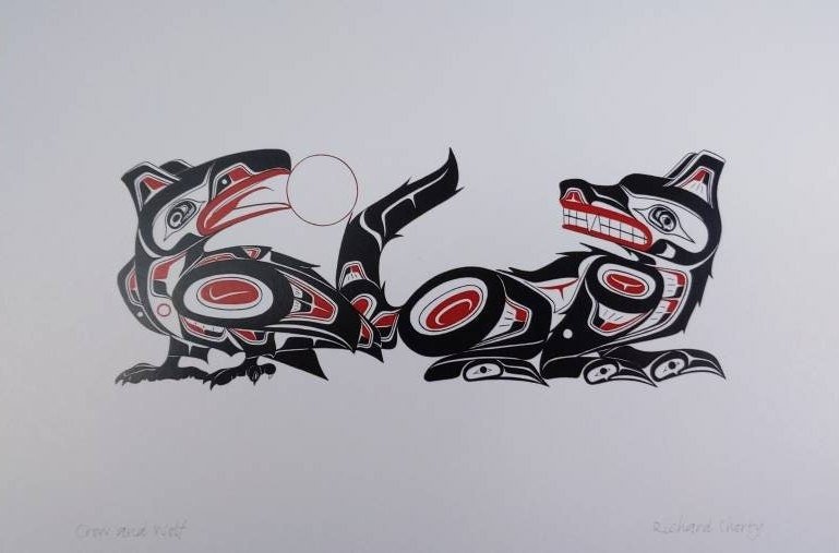 Crow and Wolf by Richard Shorty Northern Tutchone Yukon Artist 6"x9" Art Card