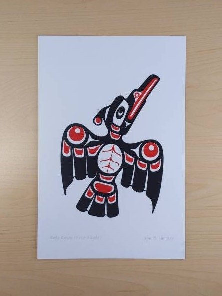 Baby Raven First Flight by John A Sharkey Coast Salish Artist 6"x9" Art Card