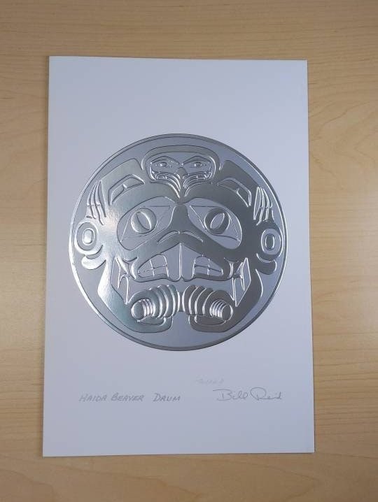 Haida Beaver Drum by Bill Reid Haida Artist 6"x9" Silver Embossed Art Card