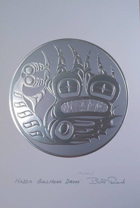 Haida Bullhead Drum by Bill Reid Haida Artist 6"x9" Silver Embossed Art Card