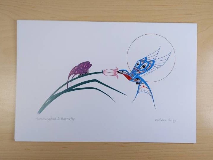 Hummingbird and Butterfly by Richard Shorty Northern Tutchone Yukon Artist 6"x9" Art Card
