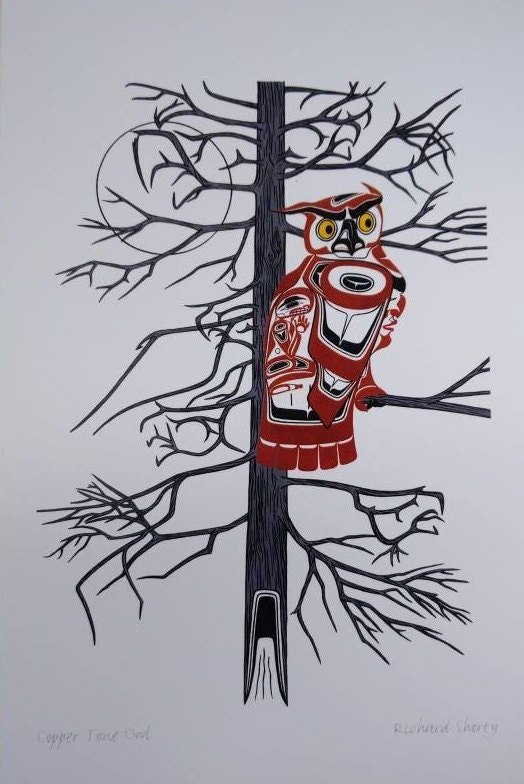 Copper Tone Owl by Richard Shorty Northern Tutchone Yukon Artist 6"x9" Art Card