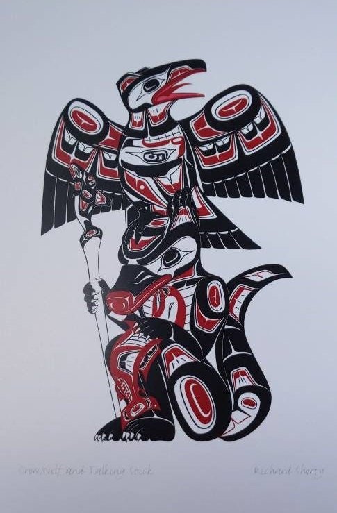 Crow Wolf Talking Stick by Richard Shorty Northern Tutchone Yukon Artist 6"x9" Art Card