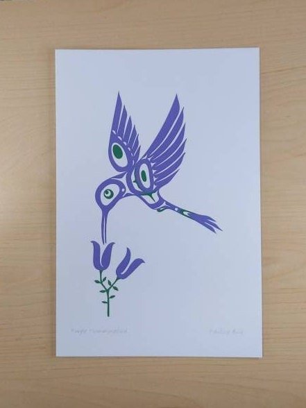 Purple Hummingbird by Pauline Bull Salish Artist 6"x9" Art Card