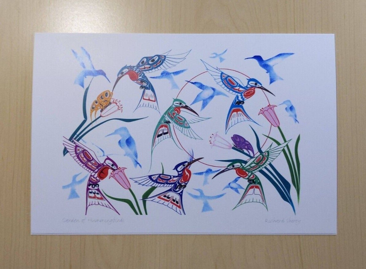 Garden of Hummingbirds by Richard Shorty Northern Tutchone Artist 6"x9" Art Card