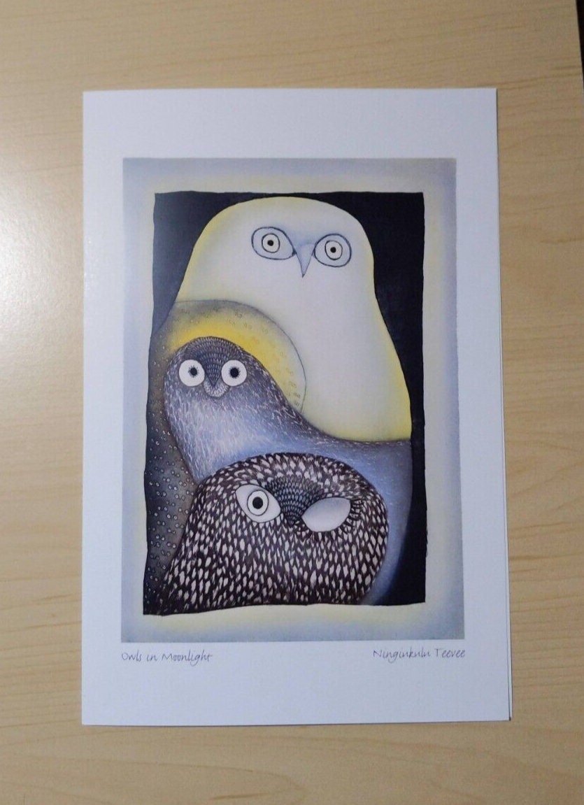 Owls in Moonlight by Ningiukulu Teevee Inuit Artist 6"x9" Art Card