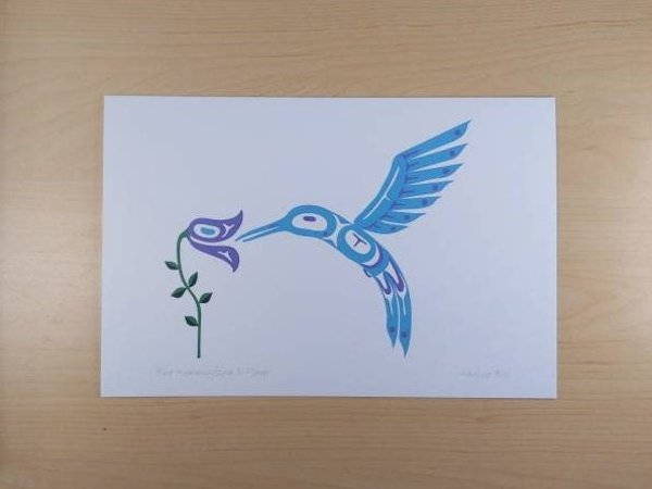 Blue Hummingbird and Flower by Pauline Bull Salish Artist 6"x9" Art Card
