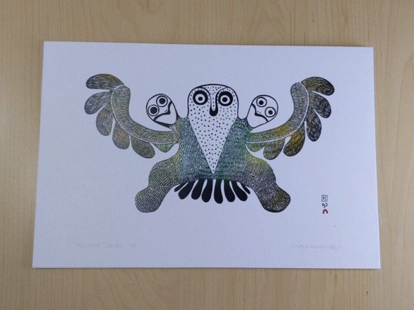 Owl with Chicks by Mary Kudjuakju Inuit Artist 6"x9" Art Card